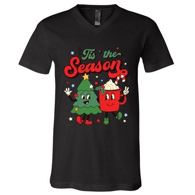 Retro Christmas Tis The Season Christmas Tree Coffee Latte V-Neck T-Shirt