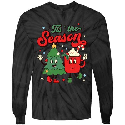 Retro Christmas Tis The Season Christmas Tree Coffee Latte Tie-Dye Long Sleeve Shirt