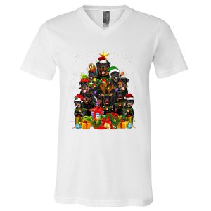 Rottweiler Christmas Tree Lights Santa Hat Holiday Costume V-Neck T-Shirt