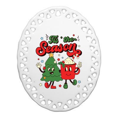 Retro Christmas Tis The Season Christmas Tree Coffee Latte Ceramic Oval Ornament