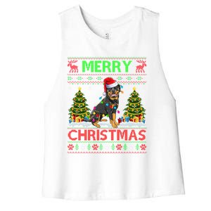 Rottweiler Christmas Ugly Sweater Rottweiler Tree Light Xmas Gift Women's Racerback Cropped Tank