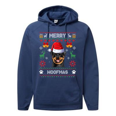 Rottweiler Christmas Ugly Sweater Rottweiler Tree Light Xmas Funny Gift Performance Fleece Hoodie