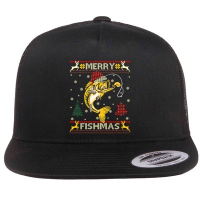 Retro Christmas Ugly Sweater Merry Fishmas Funny Angler Gift Flatbill Hat