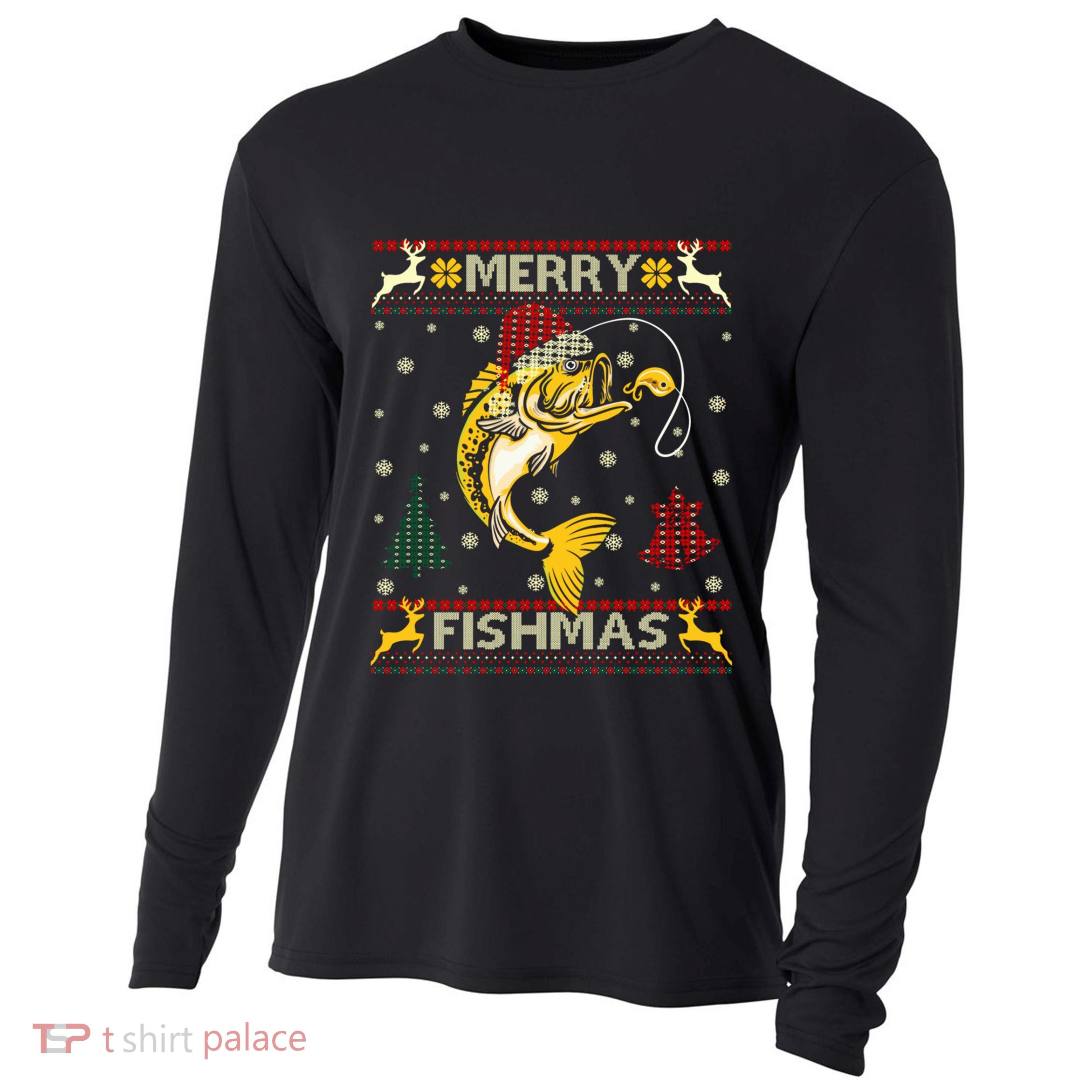 Retro Christmas Ugly Sweater Merry Fishmas Funny Angler Gift Cooling Performance Long Sleeve Crew