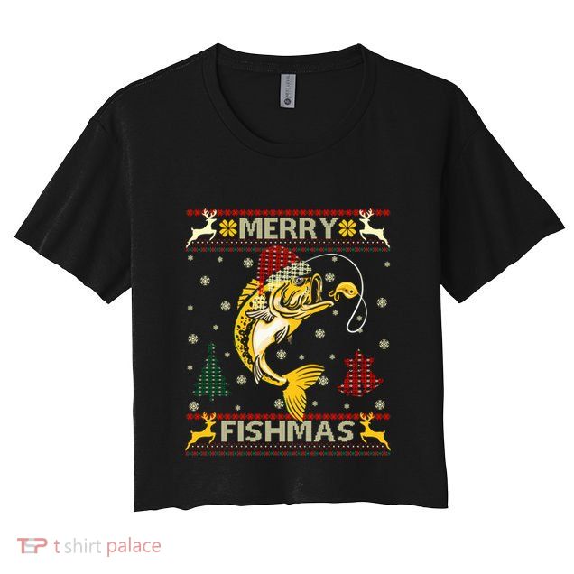 Retro Christmas Ugly Sweater Merry Fishmas Funny Angler Gift Crop Top