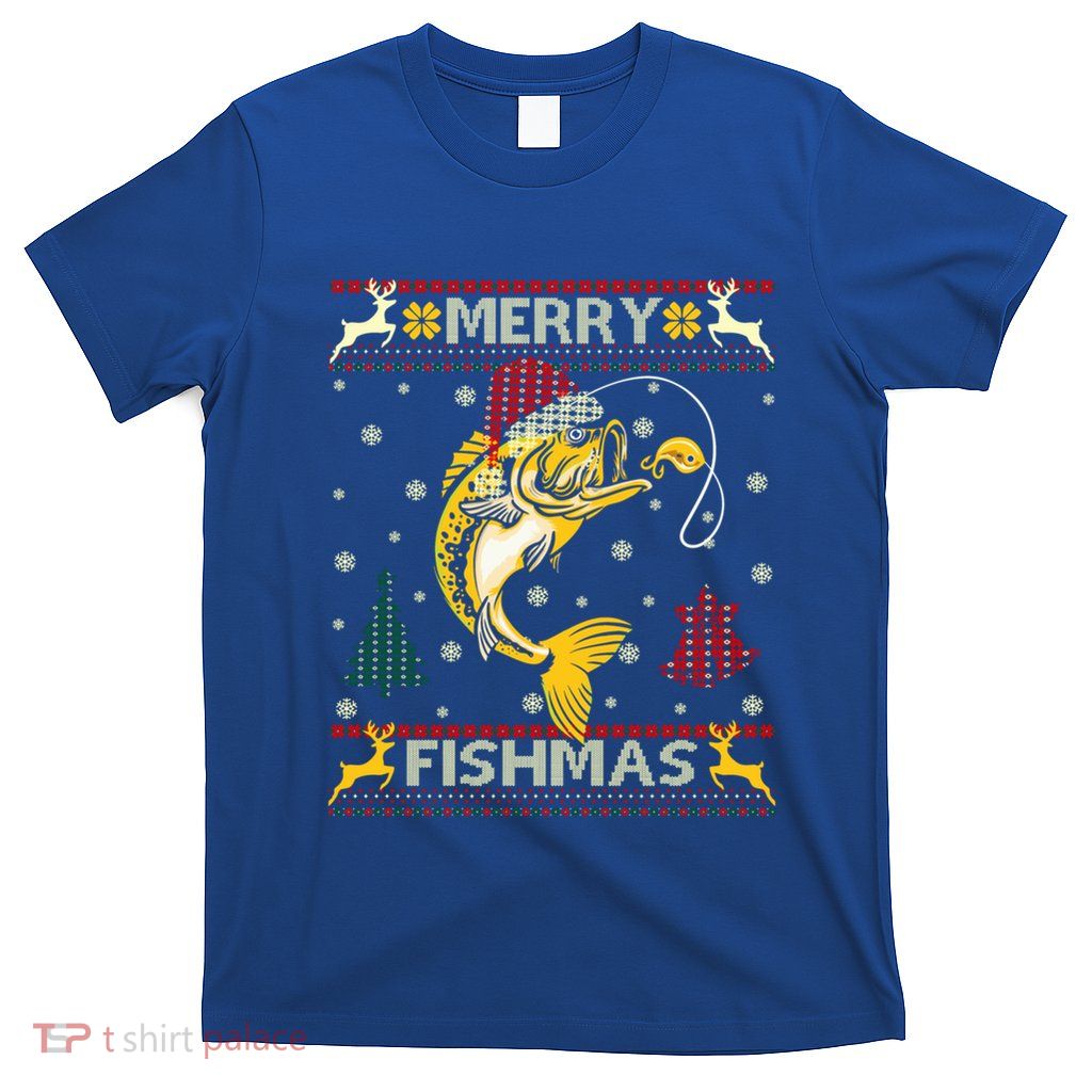 Retro Christmas Ugly Sweater Merry Fishmas Funny Angler Gift T-Shirt