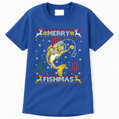 Retro Christmas Ugly Sweater Merry Fishmas Funny Angler Gift Tall T-Shirt
