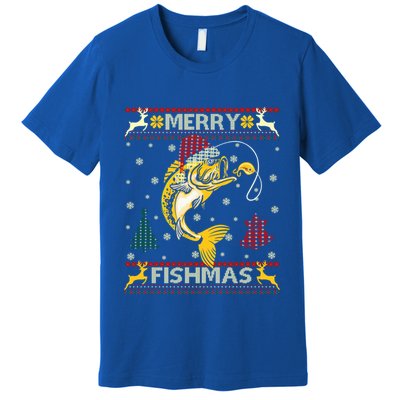 Retro Christmas Ugly Sweater Merry Fishmas Funny Angler Gift Premium T-Shirt