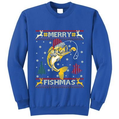 Retro Christmas Ugly Sweater Merry Fishmas Funny Angler Gift Tall Sweatshirt