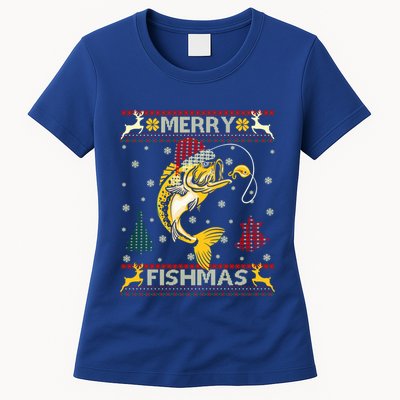 Retro Christmas Ugly Sweater Merry Fishmas Funny Angler Gift Womens T-Shirt
