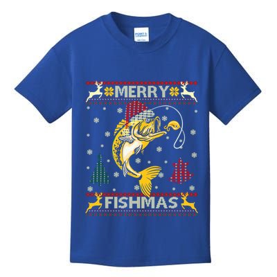 Retro Christmas Ugly Sweater Merry Fishmas Funny Angler Gift Kids T-Shirt