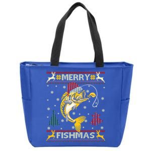 Retro Christmas Ugly Sweater Merry Fishmas Funny Angler Gift Zip Tote Bag