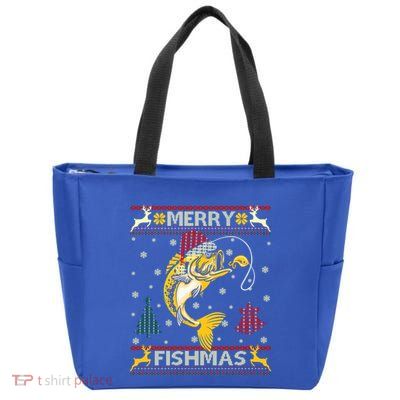 Retro Christmas Ugly Sweater Merry Fishmas Funny Angler Gift Zip Tote Bag