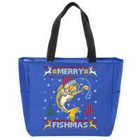 Retro Christmas Ugly Sweater Merry Fishmas Funny Angler Gift Zip Tote Bag