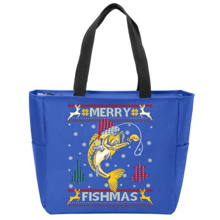 Retro Christmas Ugly Sweater Merry Fishmas Funny Angler Gift Zip Tote Bag