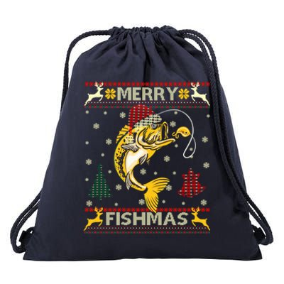 Retro Christmas Ugly Sweater Merry Fishmas Funny Angler Gift Drawstring Bag