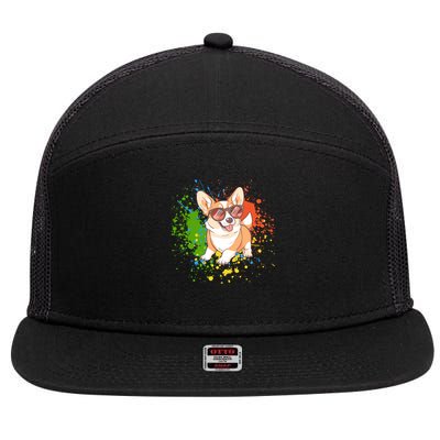 Retro Corgi Vibes – Hipster Dog with Sunglasses 7 Panel Mesh Trucker Snapback Hat