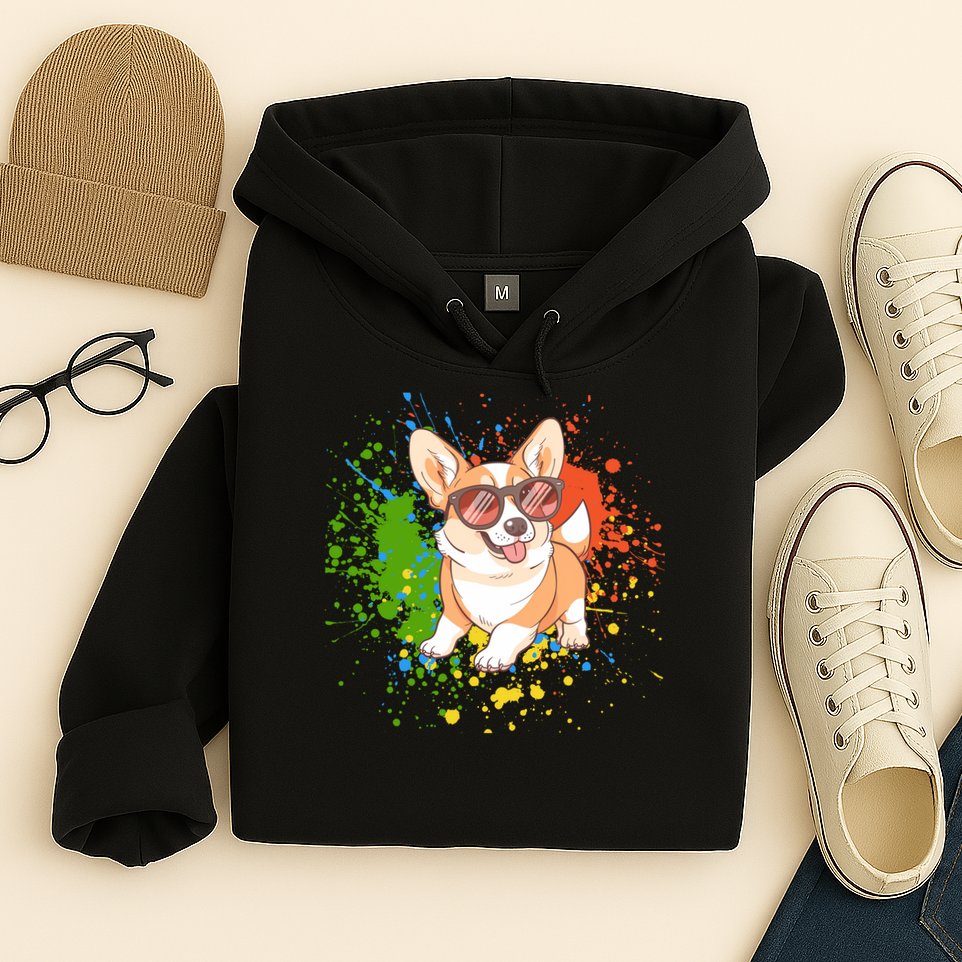 Retro Corgi Vibes – Hipster Dog with Sunglasses Hoodie