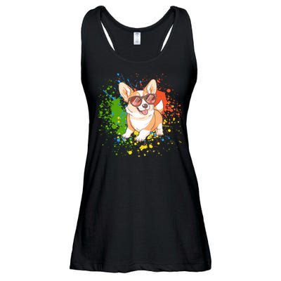 Retro Corgi Vibes – Hipster Dog with Sunglasses Ladies Essential Flowy Tank