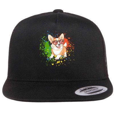 Retro Corgi Vibes – Hipster Dog with Sunglasses Flatbill Hat