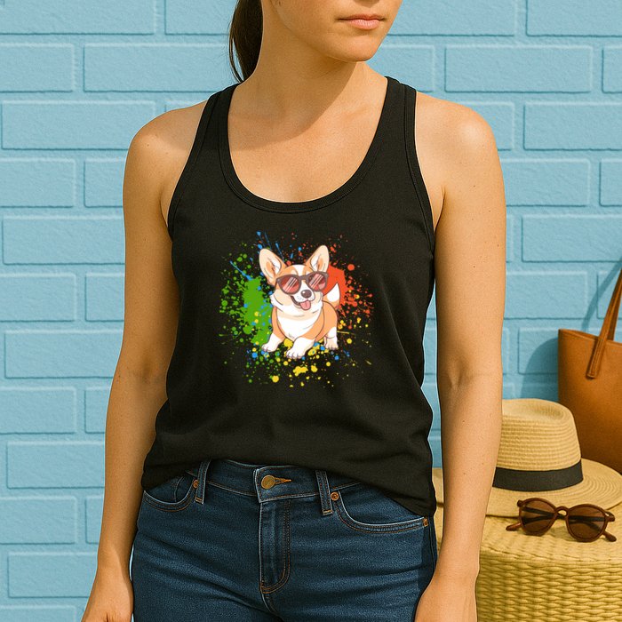Retro Corgi Vibes – Hipster Dog with Sunglasses Womens Tank Top