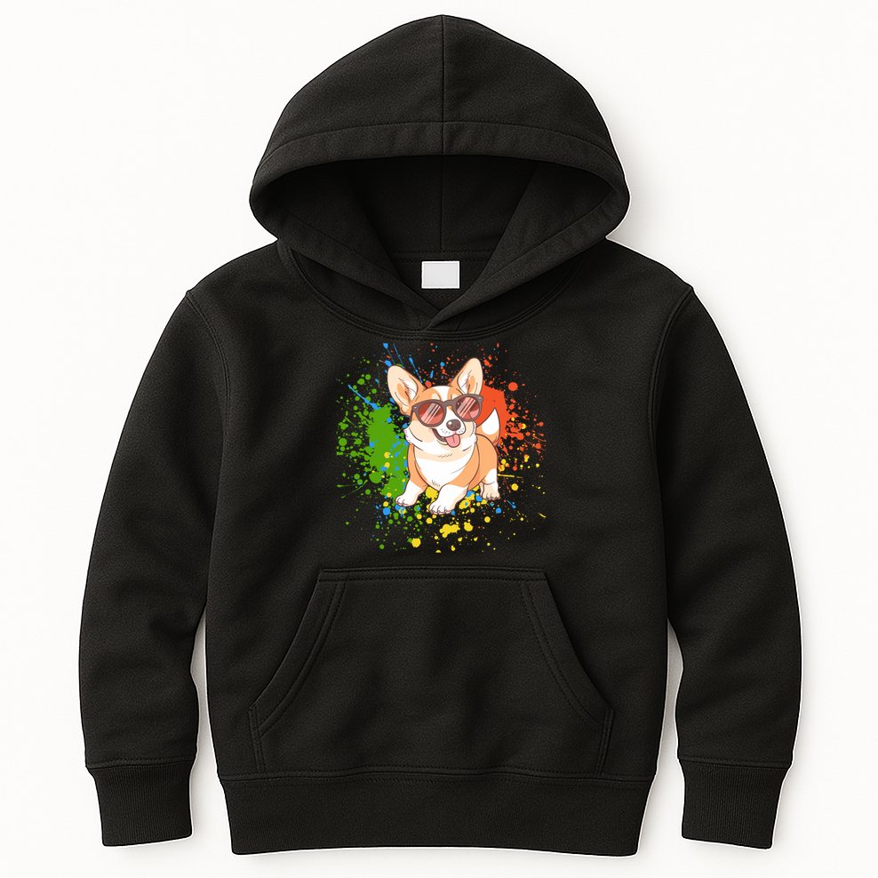Retro Corgi Vibes – Hipster Dog with Sunglasses Kids Hoodie