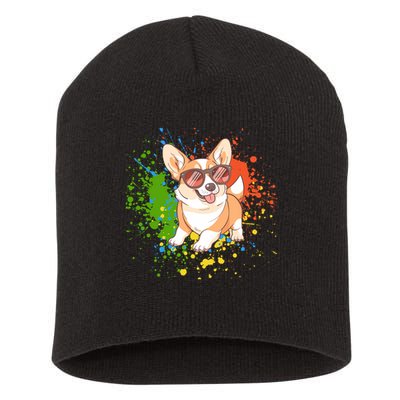 Retro Corgi Vibes – Hipster Dog with Sunglasses Short Acrylic Beanie