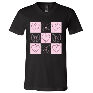 Retro Checkered ValentineS Day Coquette Valentines V-Neck T-Shirt