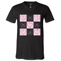 Retro Checkered ValentineS Day Coquette Valentines V-Neck T-Shirt