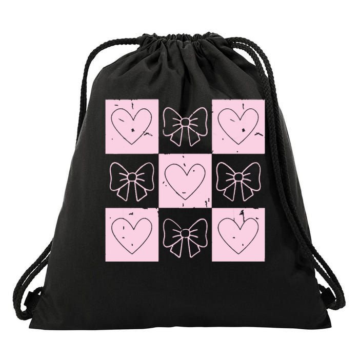 Retro Checkered ValentineS Day Coquette Valentines Drawstring Bag