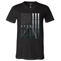 Roller Coaster Vintage Usa Flag Theme Park Carnival Ride V-Neck T-Shirt