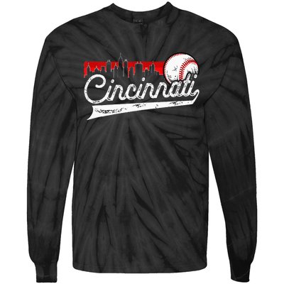 Retro Cincinnati Vintage Baseball Softball Lover Women Men Tie-Dye Long Sleeve Shirt