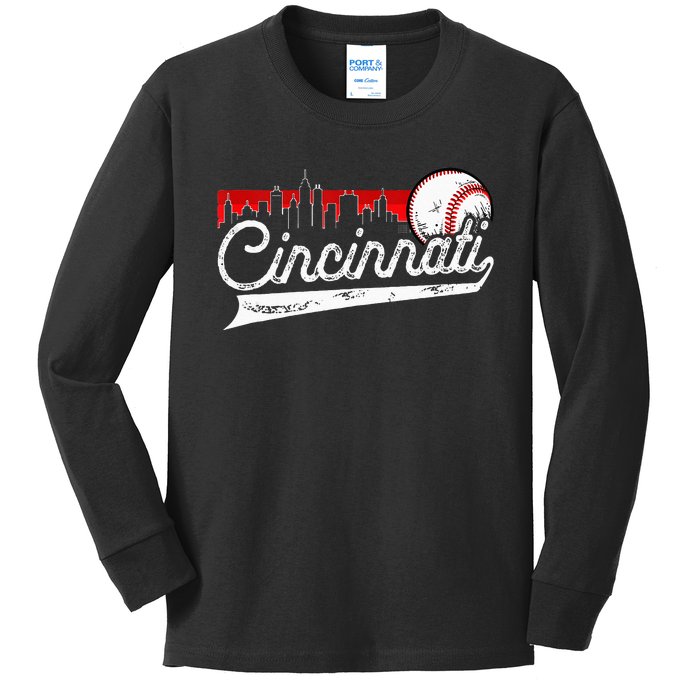 Retro Cincinnati Vintage Baseball Softball Lover Women Men Kids Long Sleeve Shirt