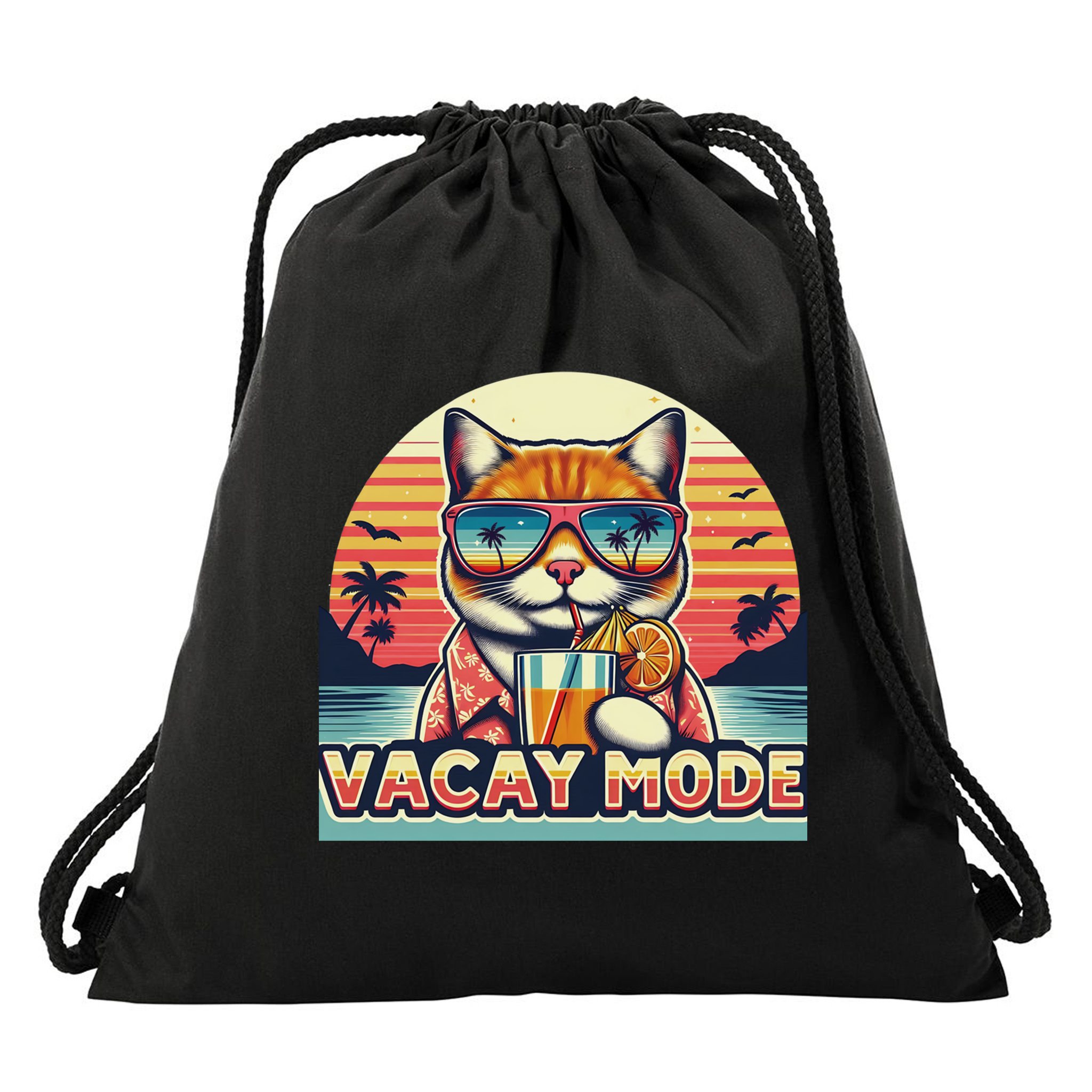 Retro Cat Vacation Summer Family Beach Trip Vacay Mode Ocean Great Gift Drawstring Bag