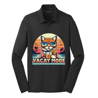 Retro Cat Vacation Summer Family Beach Trip Vacay Mode Ocean Great Gift Silk Touch Performance Long Sleeve Polo