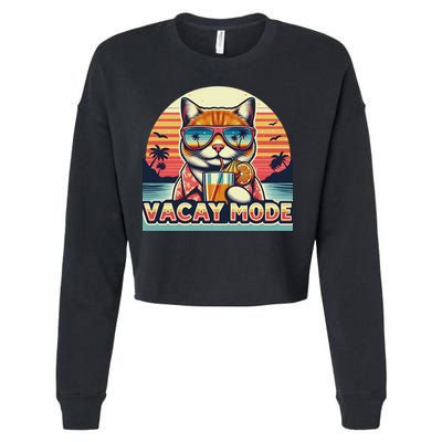Retro Cat Vacation Summer Family Beach Trip Vacay Mode Ocean Great Gift Cropped Pullover Crew