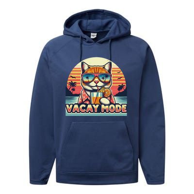 Retro Cat Vacation Summer Family Beach Trip Vacay Mode Ocean Great Gift Performance Fleece Hoodie