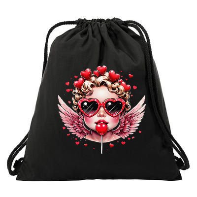 Retro Cupid Valentine Day Cute Vintage Cupid Blowing Bubble Drawstring Bag