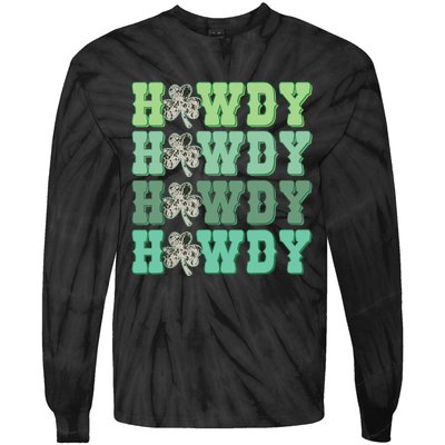 Retro Cowhide Western Howdy St Patricks Day Irish Shamrock Tie-Dye Long Sleeve Shirt