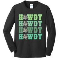 Retro Cowhide Western Howdy St Patricks Day Irish Shamrock Kids Long Sleeve Shirt