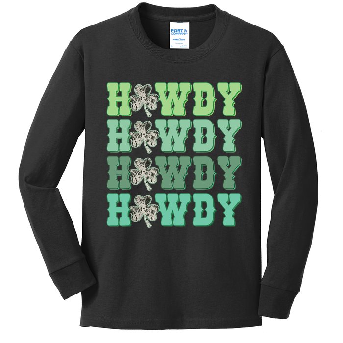 Retro Cowhide Western Howdy St Patricks Day Irish Shamrock Kids Long Sleeve Shirt