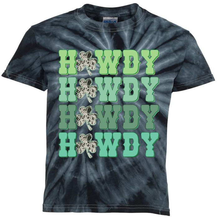 Retro Cowhide Western Howdy St Patricks Day Irish Shamrock Kids Tie-Dye T-Shirt