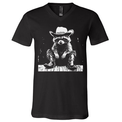 Raccoon Cowboy Western V-Neck T-Shirt