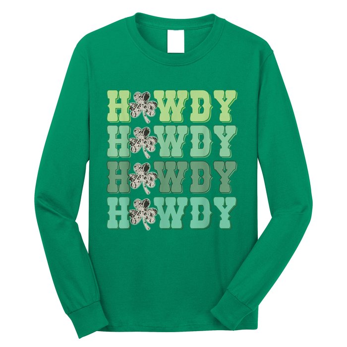 Retro Cowhide Western Howdy Happy St Patrick's Day Irish Shamrock Long Sleeve Shirt