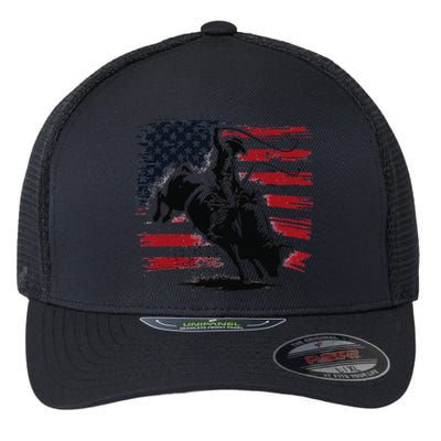 Rodeo Cowboy Western Usa Flag Cow Vintage Flexfit Unipanel Trucker Cap