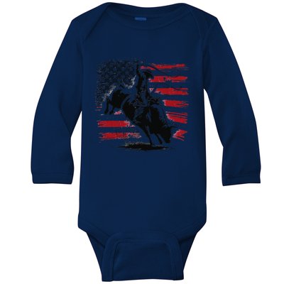 Rodeo Cowboy Western Usa Flag Cow Vintage Baby Long Sleeve Bodysuit