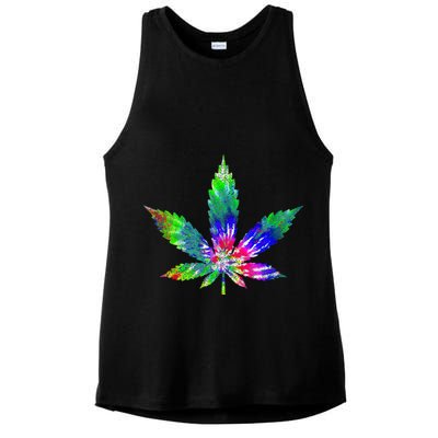 Retro Cannabis Weed Tie Dye Marijuana Smoke Weed Leaf Ladies PosiCharge Tri-Blend Wicking Tank