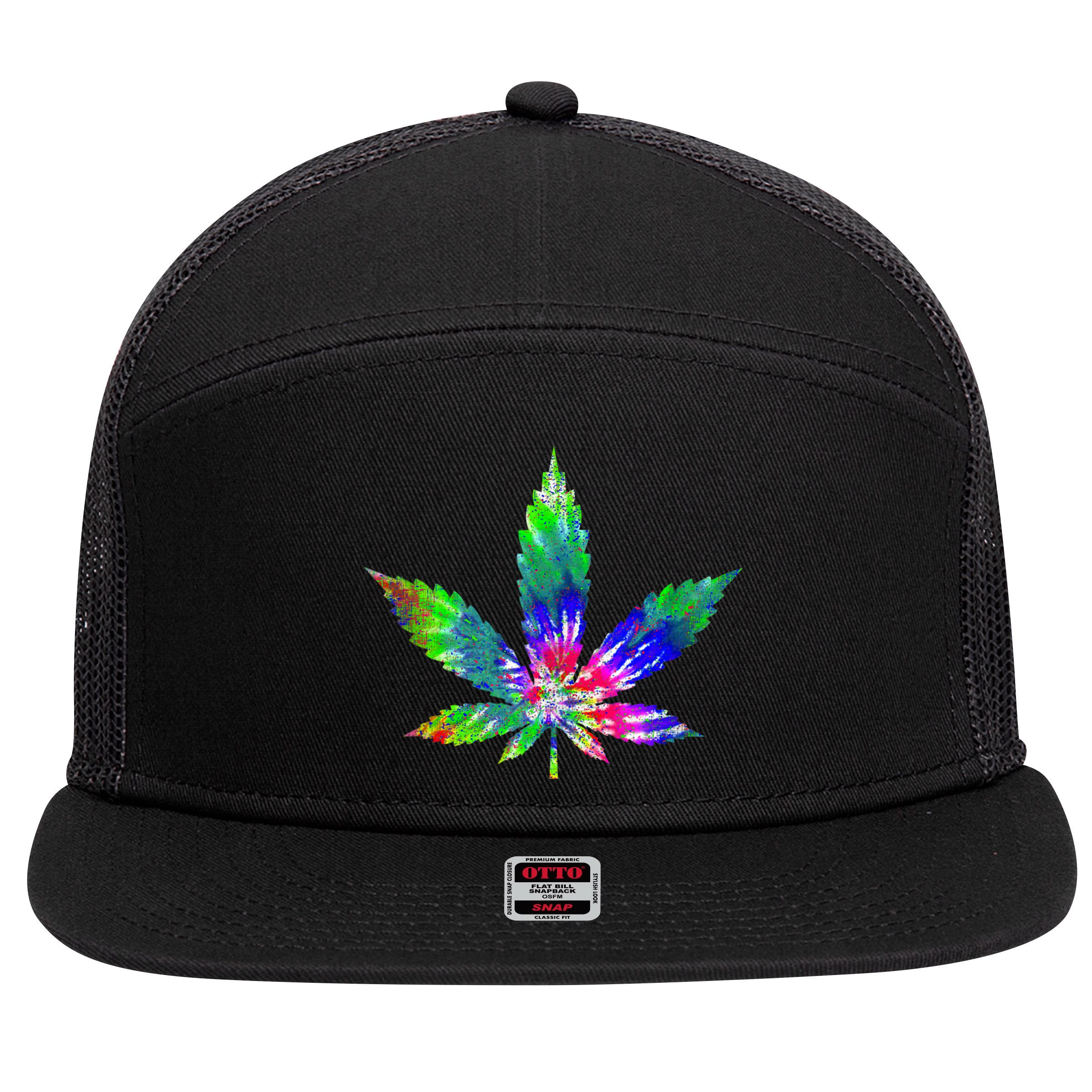 Retro Cannabis Weed Tie Dye Marijuana Smoke Weed Leaf 7 Panel Mesh Trucker Snapback Hat