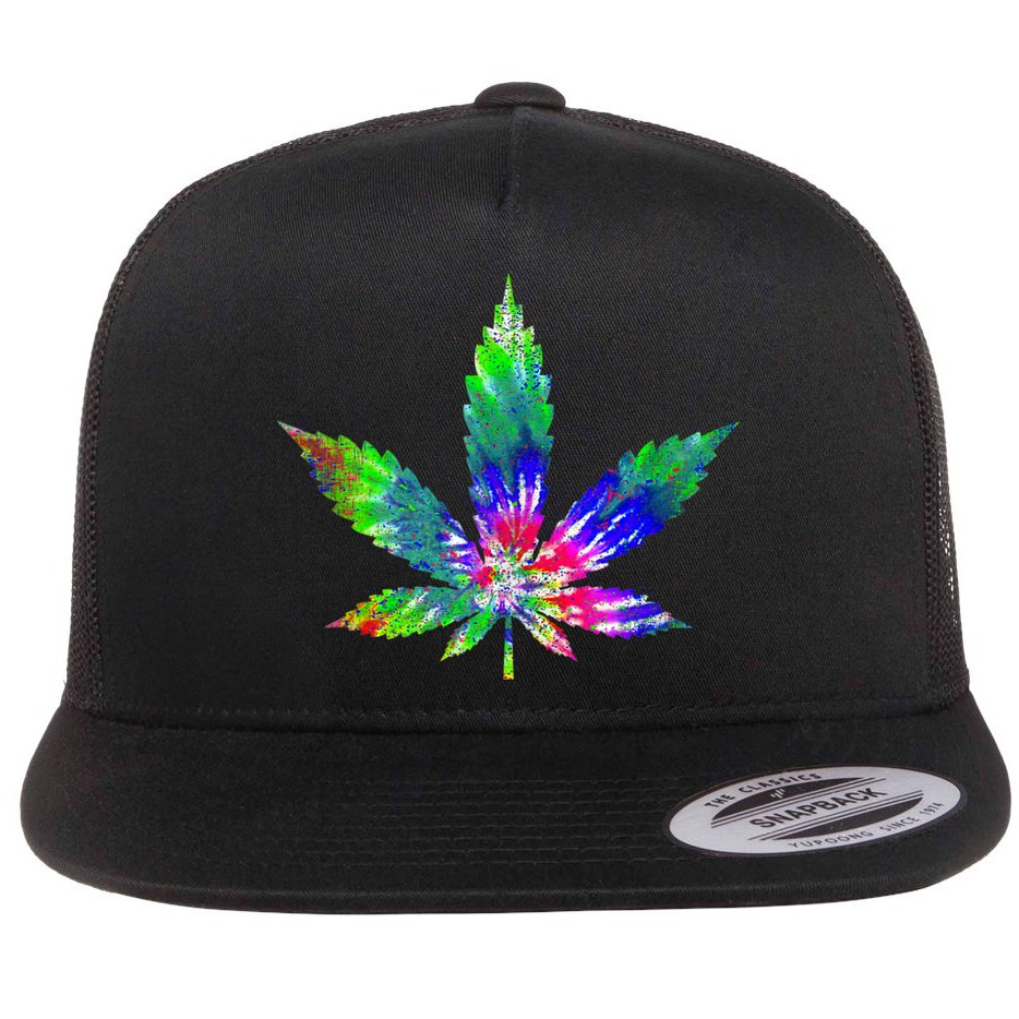 Retro Cannabis Weed Tie Dye Marijuana Smoke Weed Leaf Flat Bill Trucker Hat
