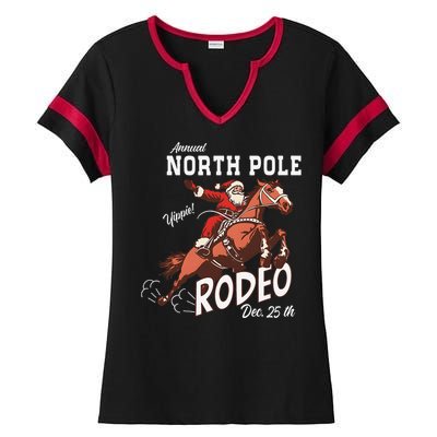 Retro Country Western Santa On Bucking Horse Christmas Ladies Halftime Notch Neck Tee